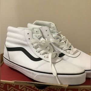 White Leather W/ Black Stripe Midtop Vans
